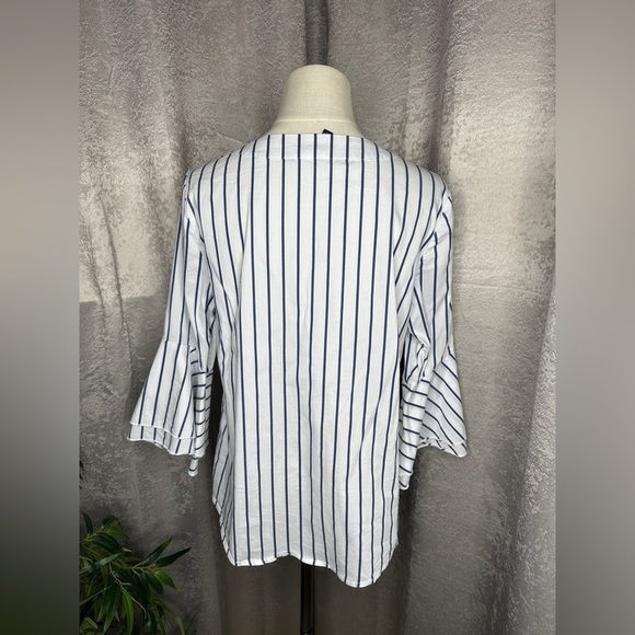 WHBM The Carmen Stripe Print V-Neck Blouse 3/4 Bell Sleeve White Sz 10 - Picture 7 of 12